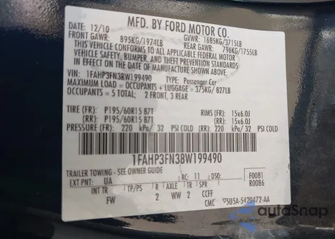 2011 Ford Focus Se из США, поврежденный, VIN 1FAHP3FN3BW199490